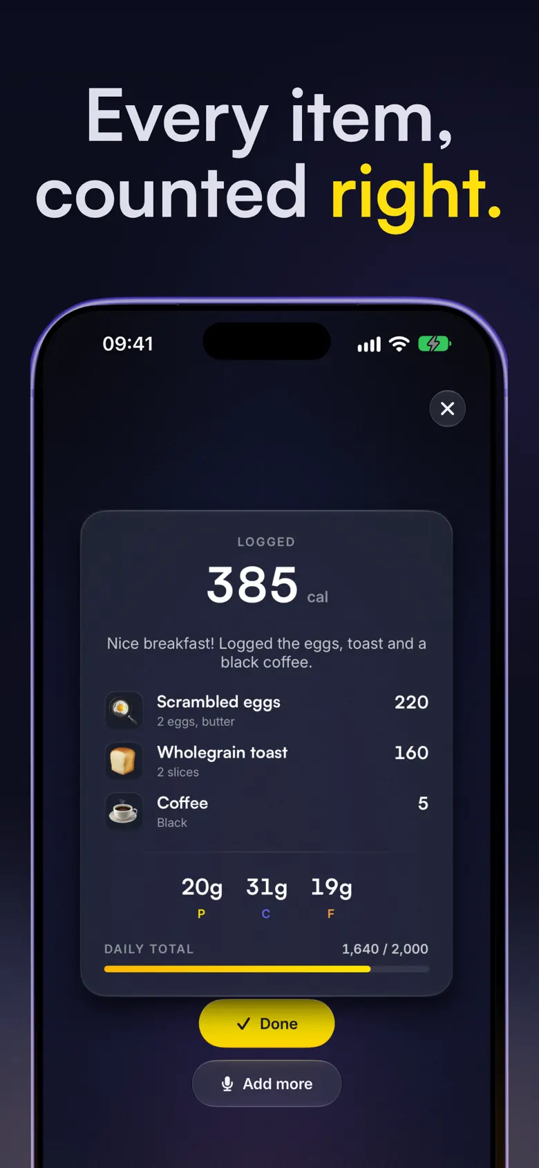 Logged meal: scrambled eggs, toast and coffee, 385 calories with macros