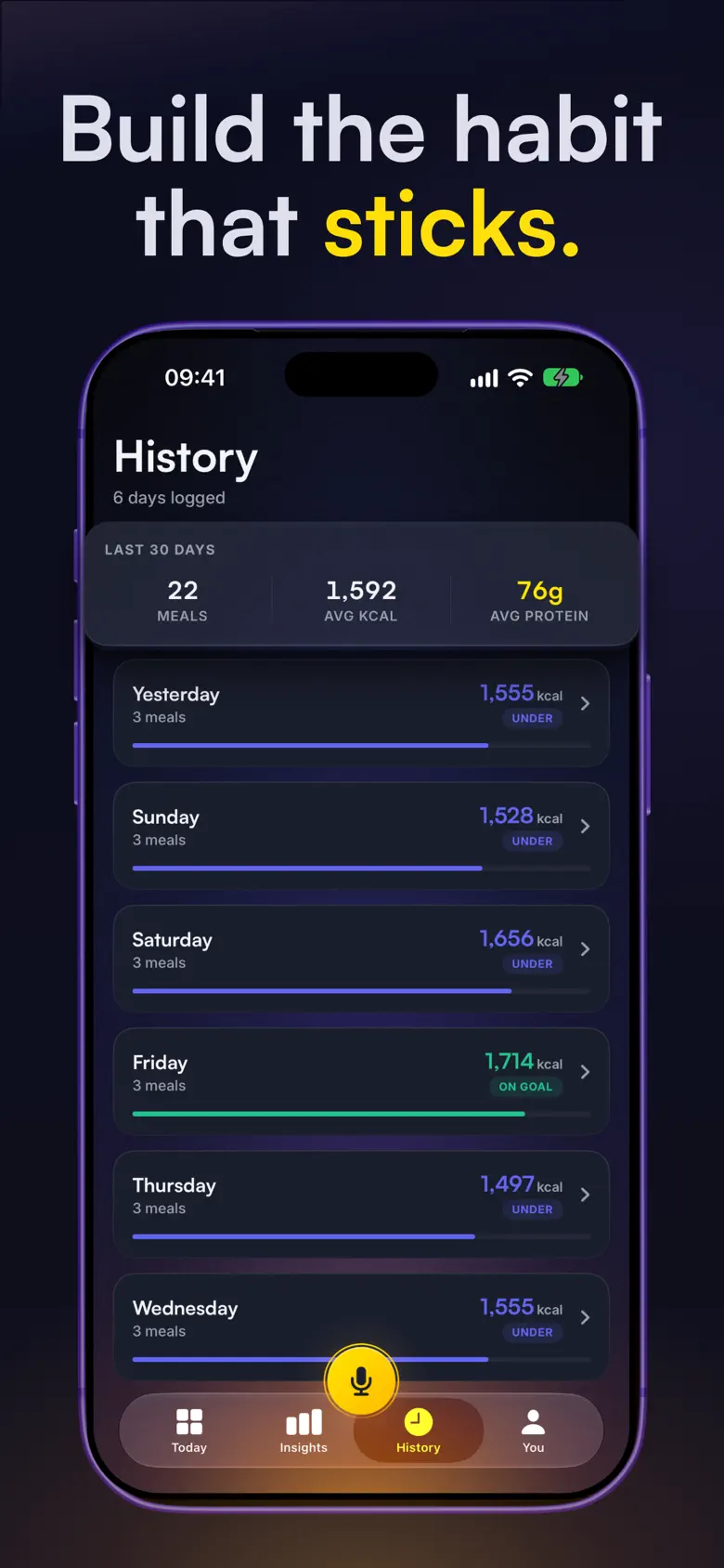 History screen: daily calories across the week