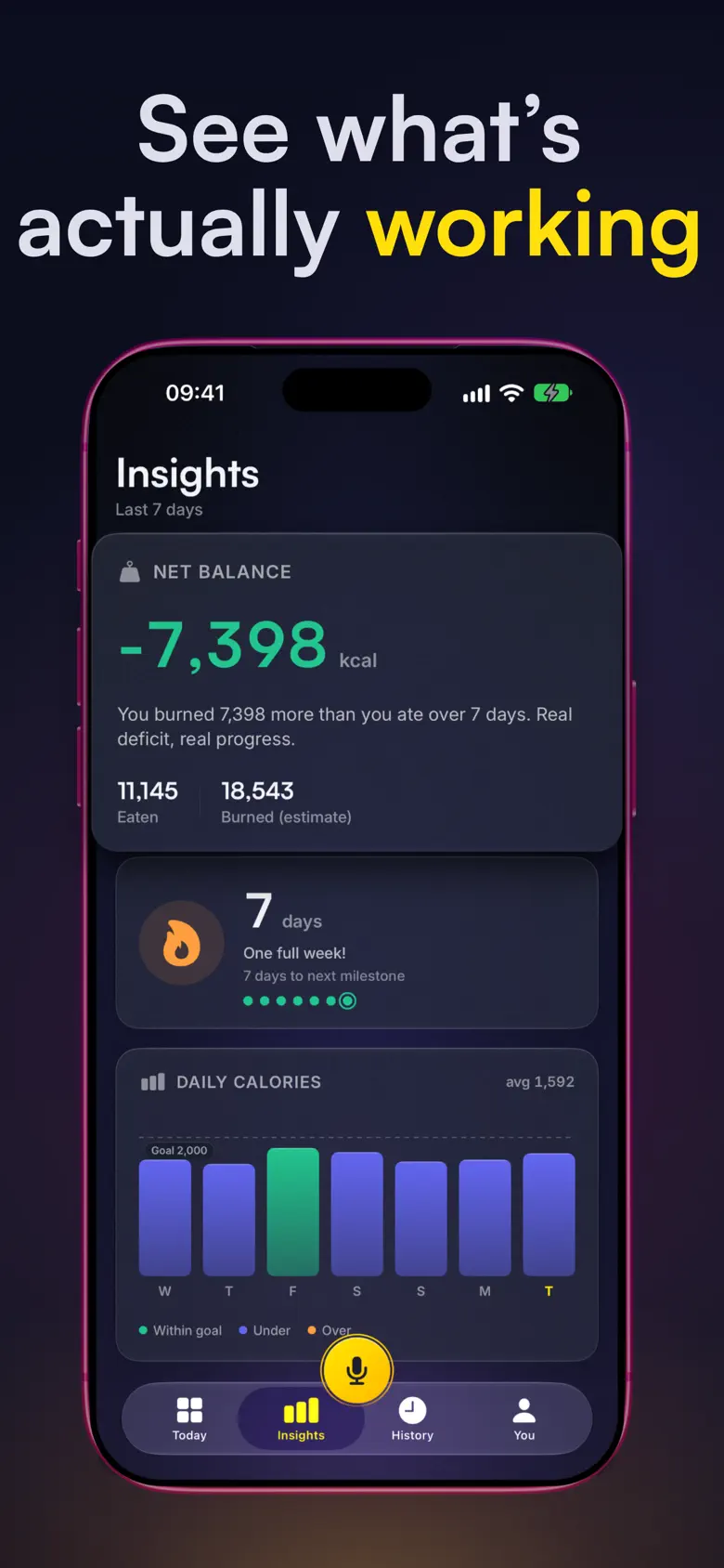 Insights screen: net calorie balance, streak and daily calories chart