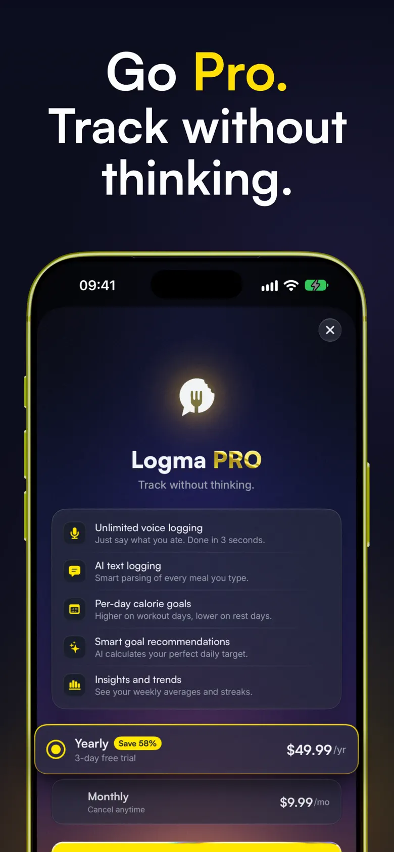 Logma Pro: unlimited voice logging, yearly plan with 3-day free trial